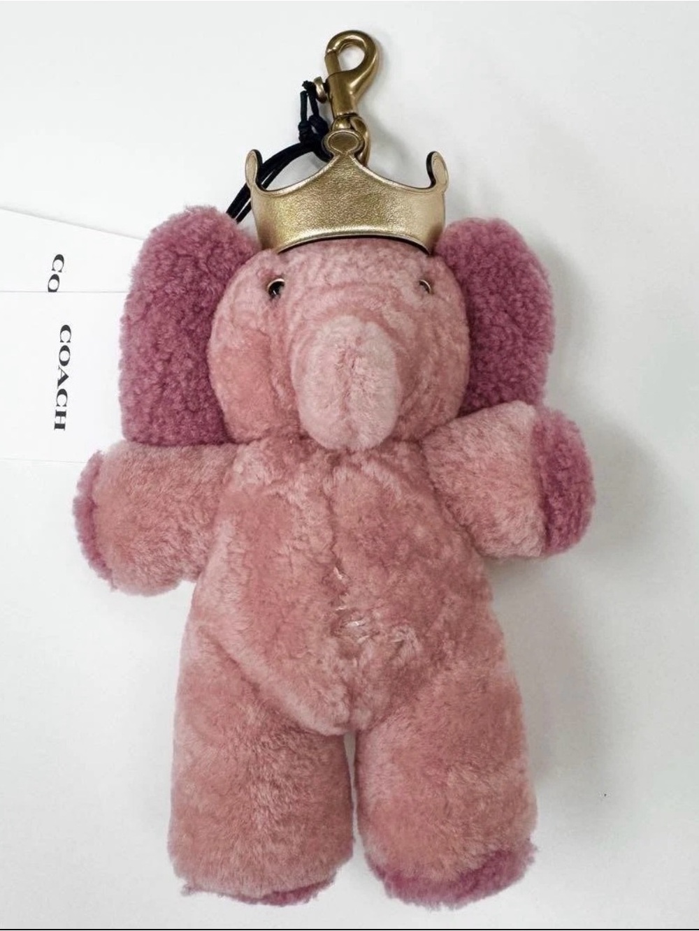 Coach Pink Plush Elephant Bag Charm with Gold Crown
